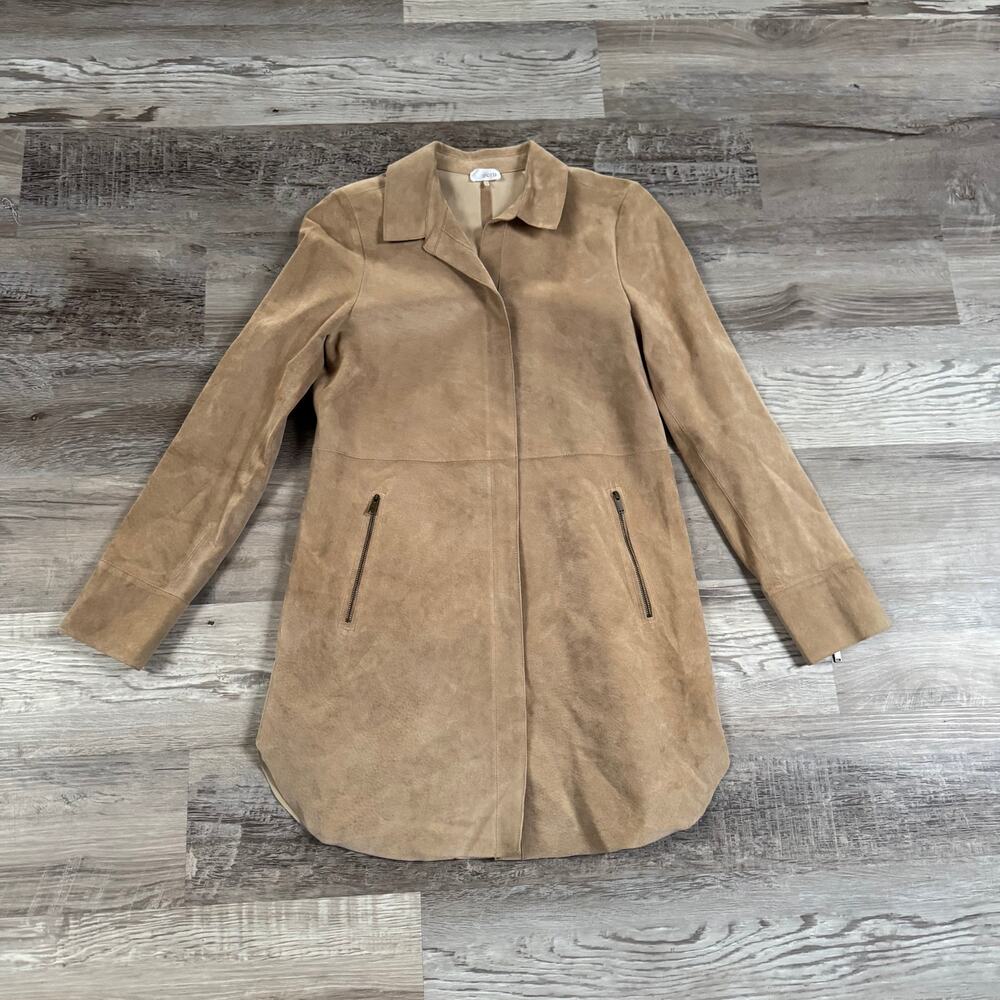 Ecru Tan Suede Leather Longline Jacket Zip Front 90s Minimalist Fall Small
